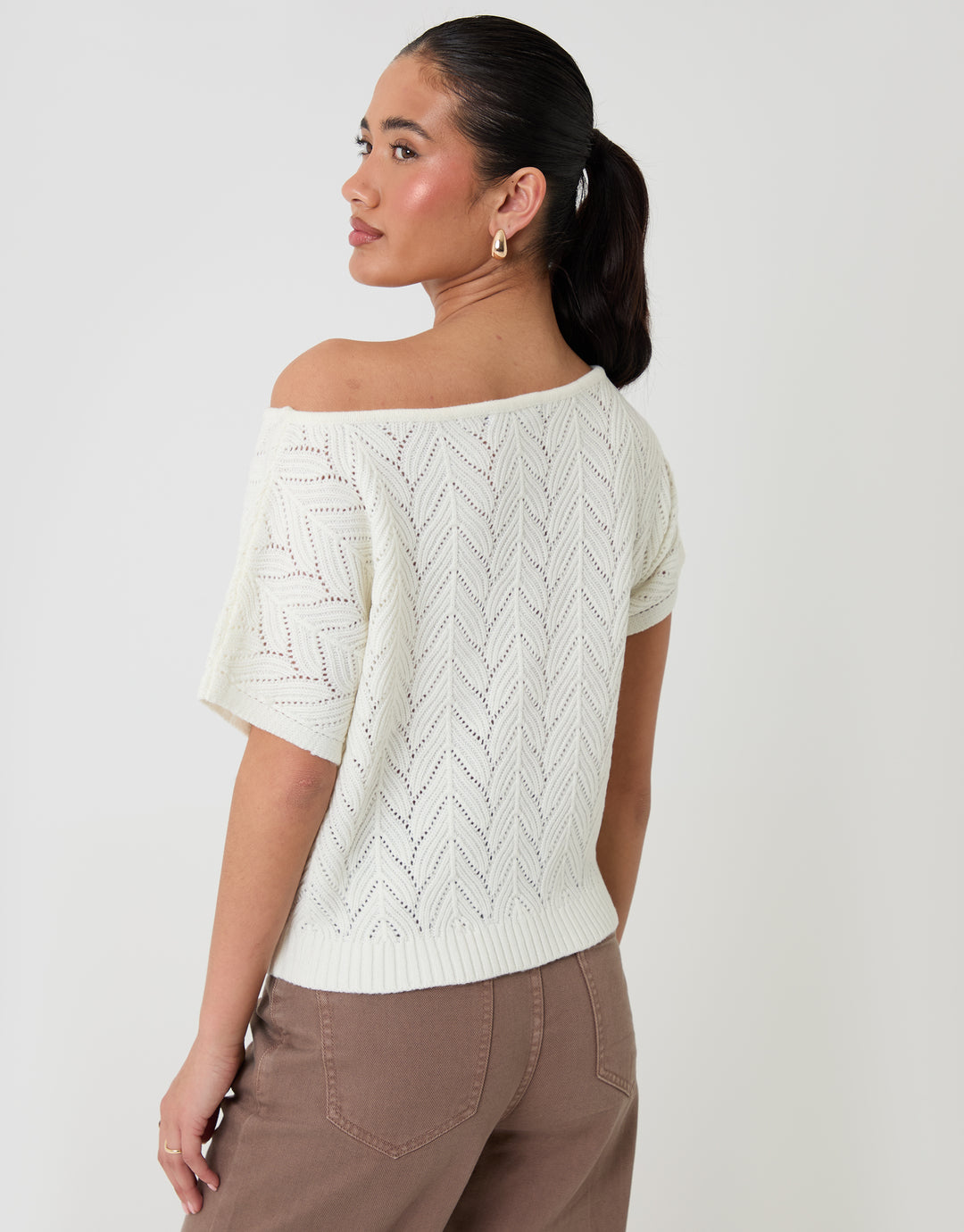 Threadbare Pointelle Knit Slash Neck Top in Cream  - back view