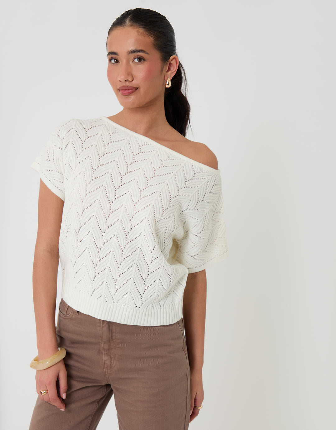 Threadbare Pointelle Knit Slash Neck Top in Cream - front view