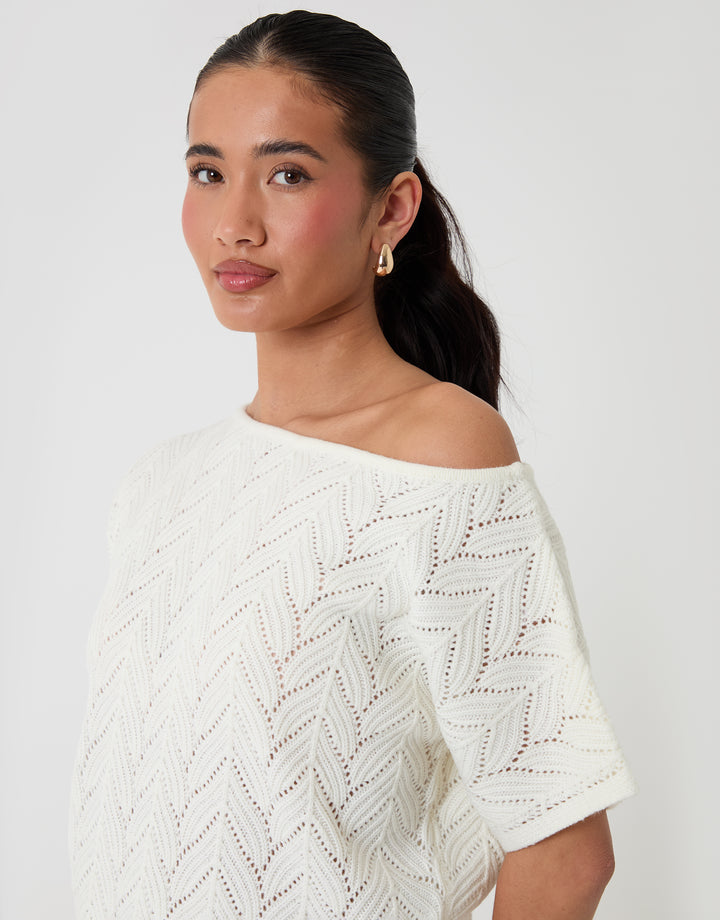 Threadbare Pointelle Knit Slash Neck Top in Cream - close up