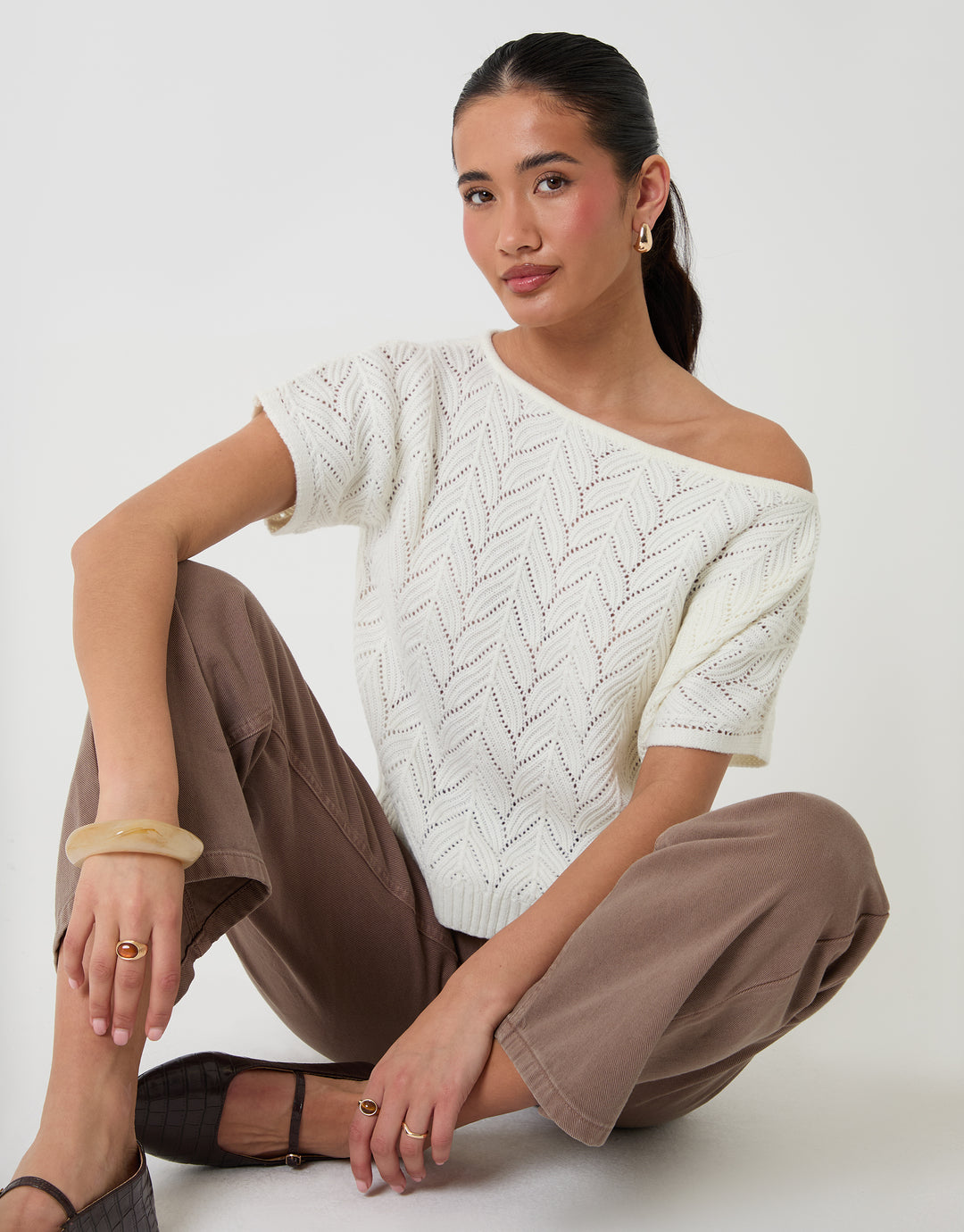 Threadbare Pointelle Knit Slash Neck Top in Cream - sat down