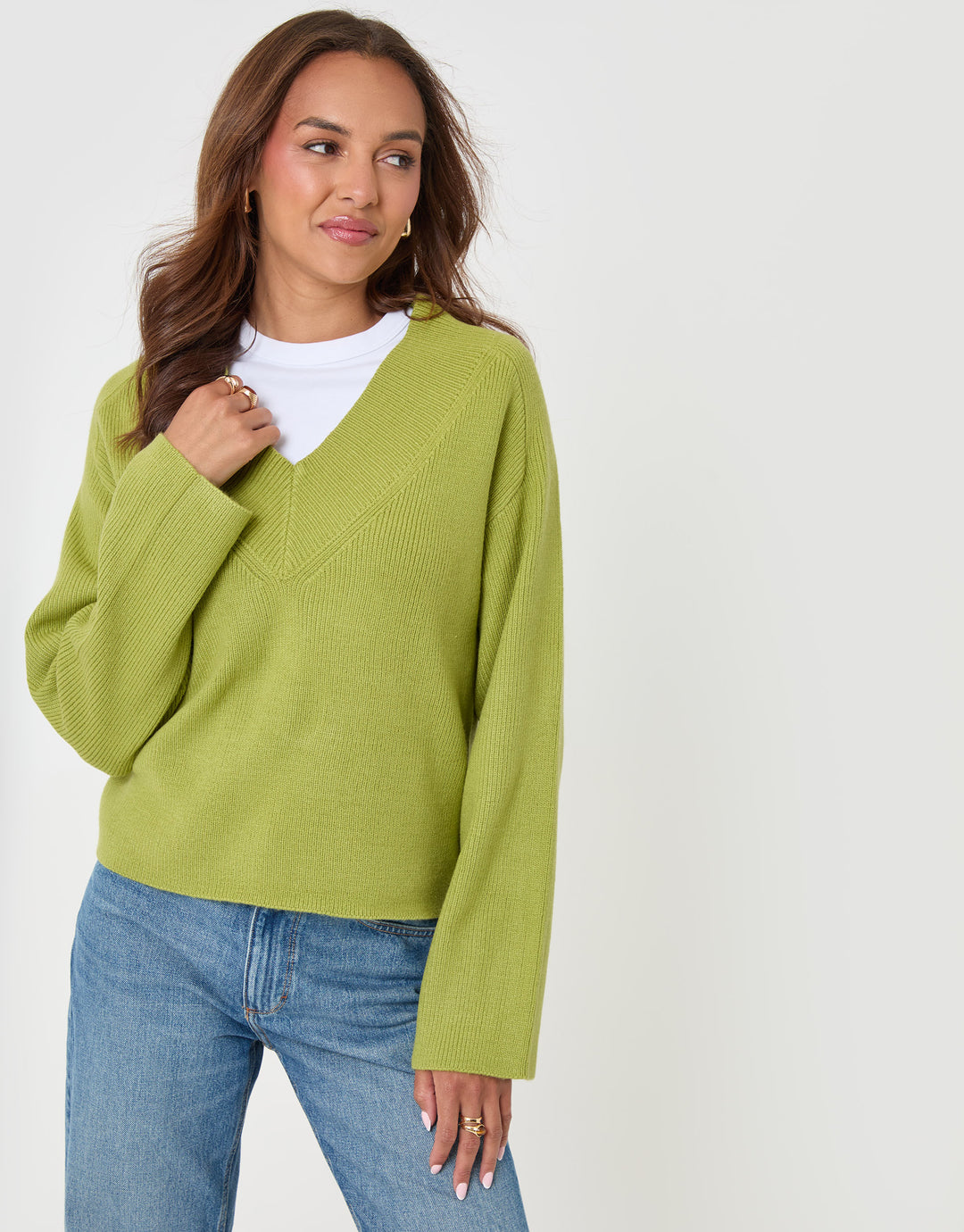 Threadbare Deep Rib V-Neck Jumper in Green - front view