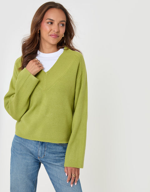 Threadbare Deep Rib V-Neck Jumper in Green - front view