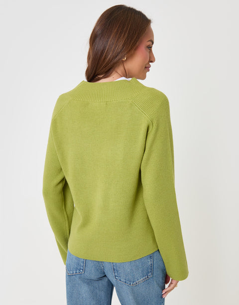 Threadbare Deep Rib V-Neck Jumper in Green - back view