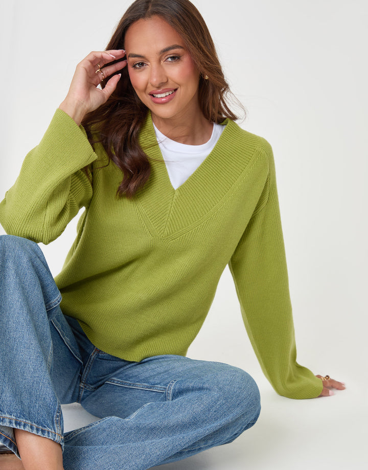 Threadbare Deep Rib V-Neck Jumper in Green - sat down