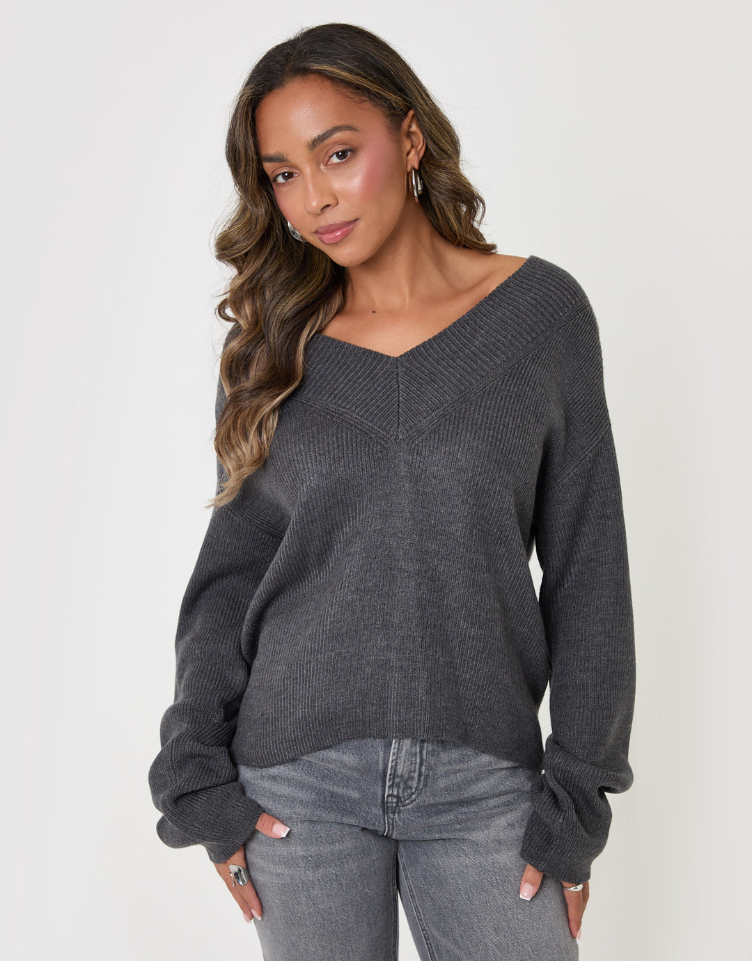 Threadbare Deep Rib V-Neck Jumper in Charcoal Grey - front view