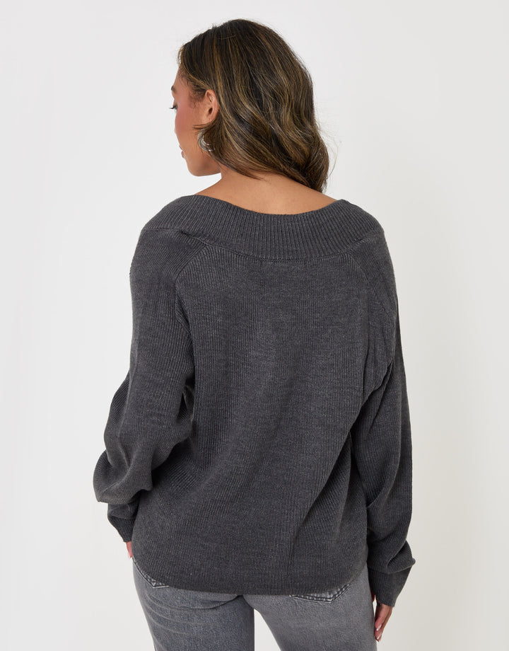 Threadbare Deep Rib V-Neck Jumper in Charcoal Grey - back view