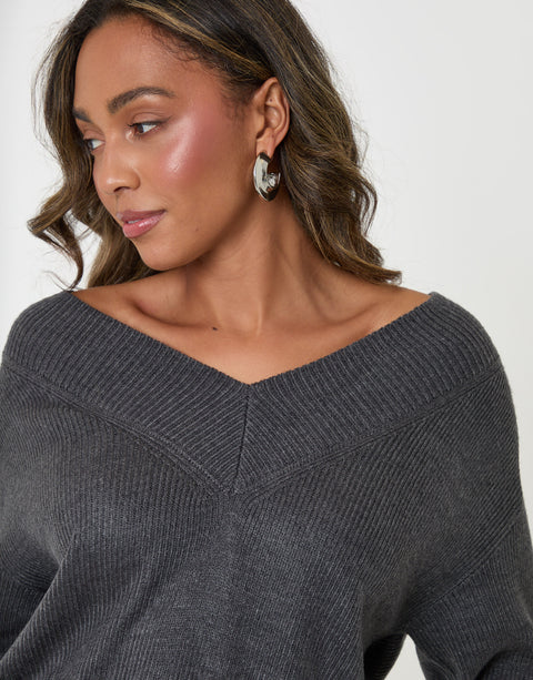 Threadbare Deep Rib V-Neck Jumper in Charcoal Grey - detail