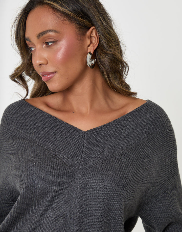 Threadbare Deep Rib V-Neck Jumper in Charcoal Grey - detail