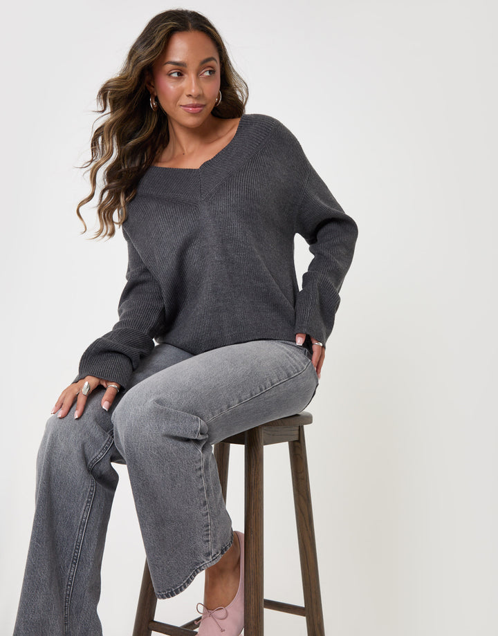 Threadbare Deep Rib V-Neck Jumper in Charcoal Grey - sat down
