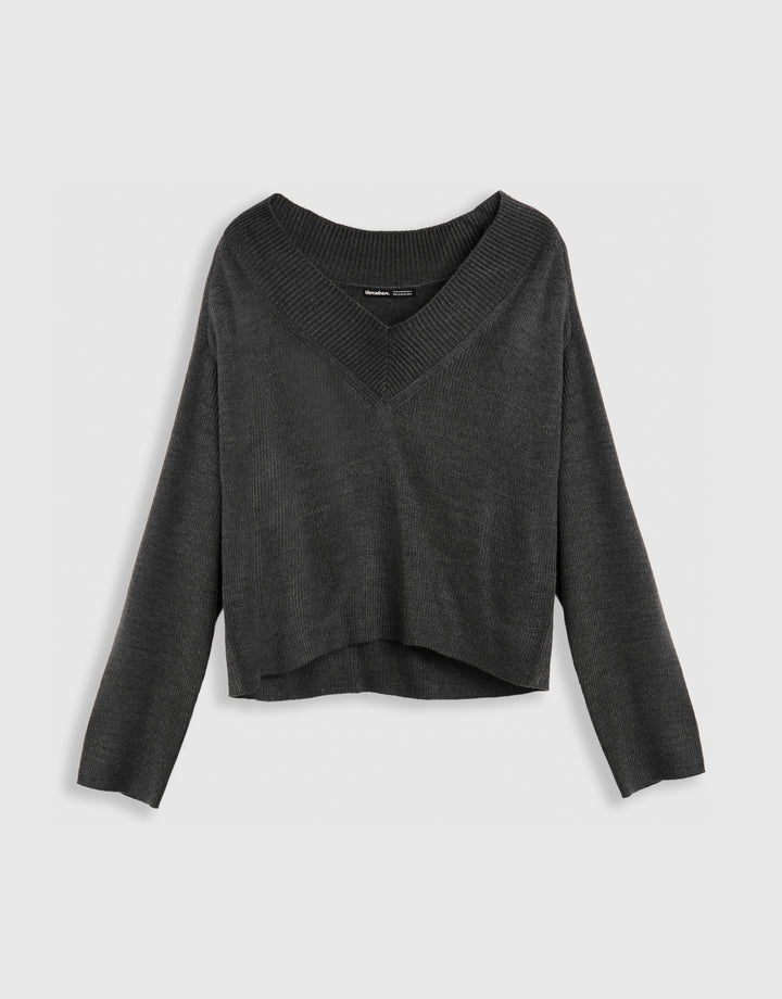 The Everyday Deep Rib V-Neck Jumper in Charcoal Grey