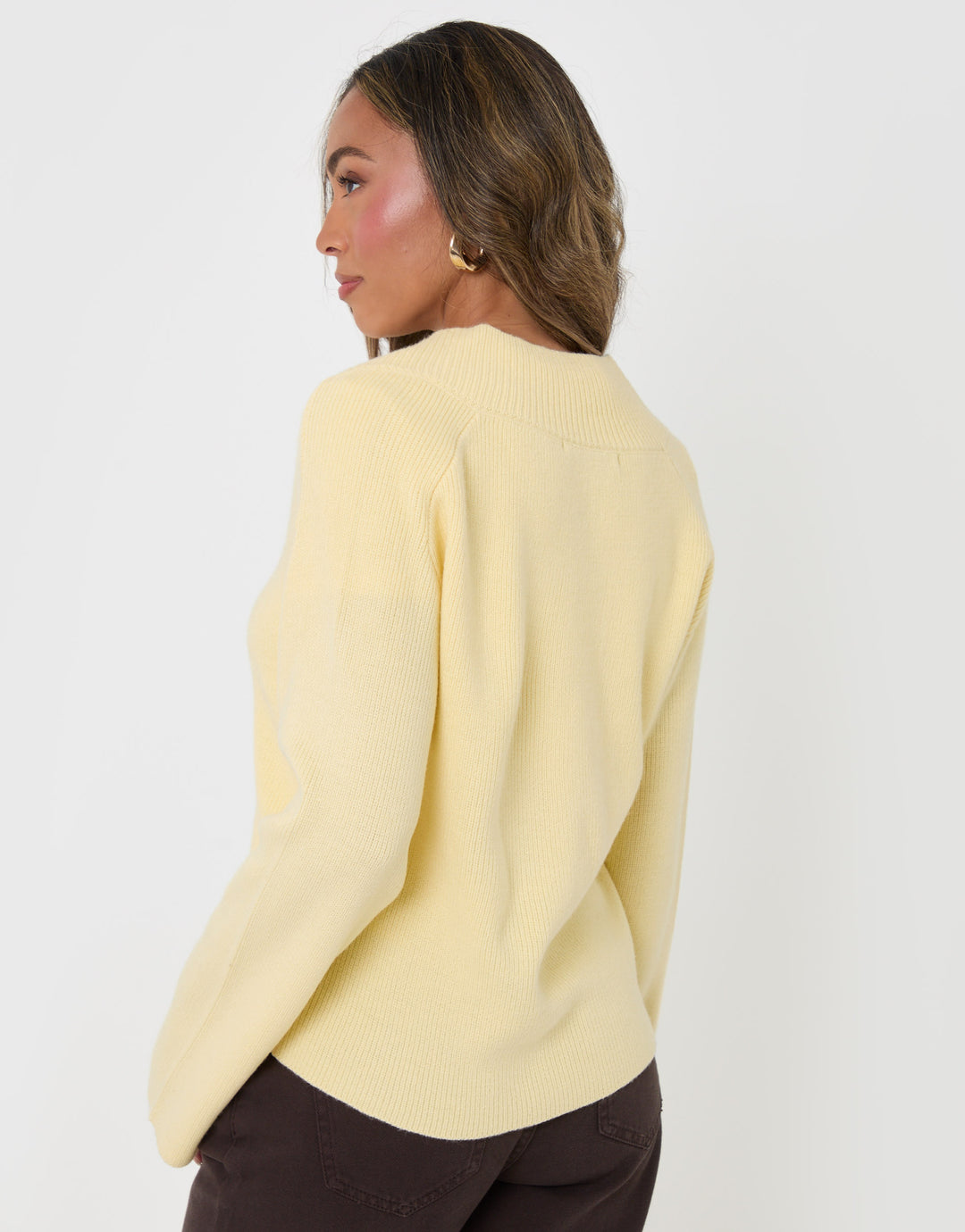 Threadbare Deep Rib V-Neck Jumper in Yellow - back view