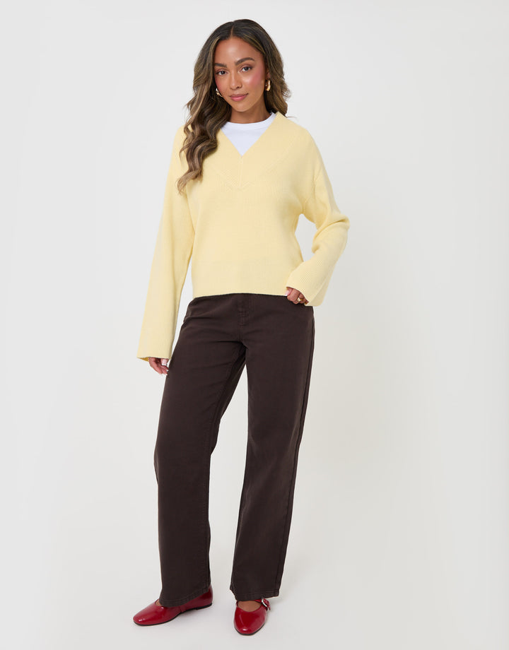 Threadbare Deep Rib V-Neck Jumper in Yellow - full body