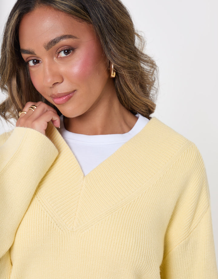 Threadbare Deep Rib V-Neck Jumper in Yellow - close up
