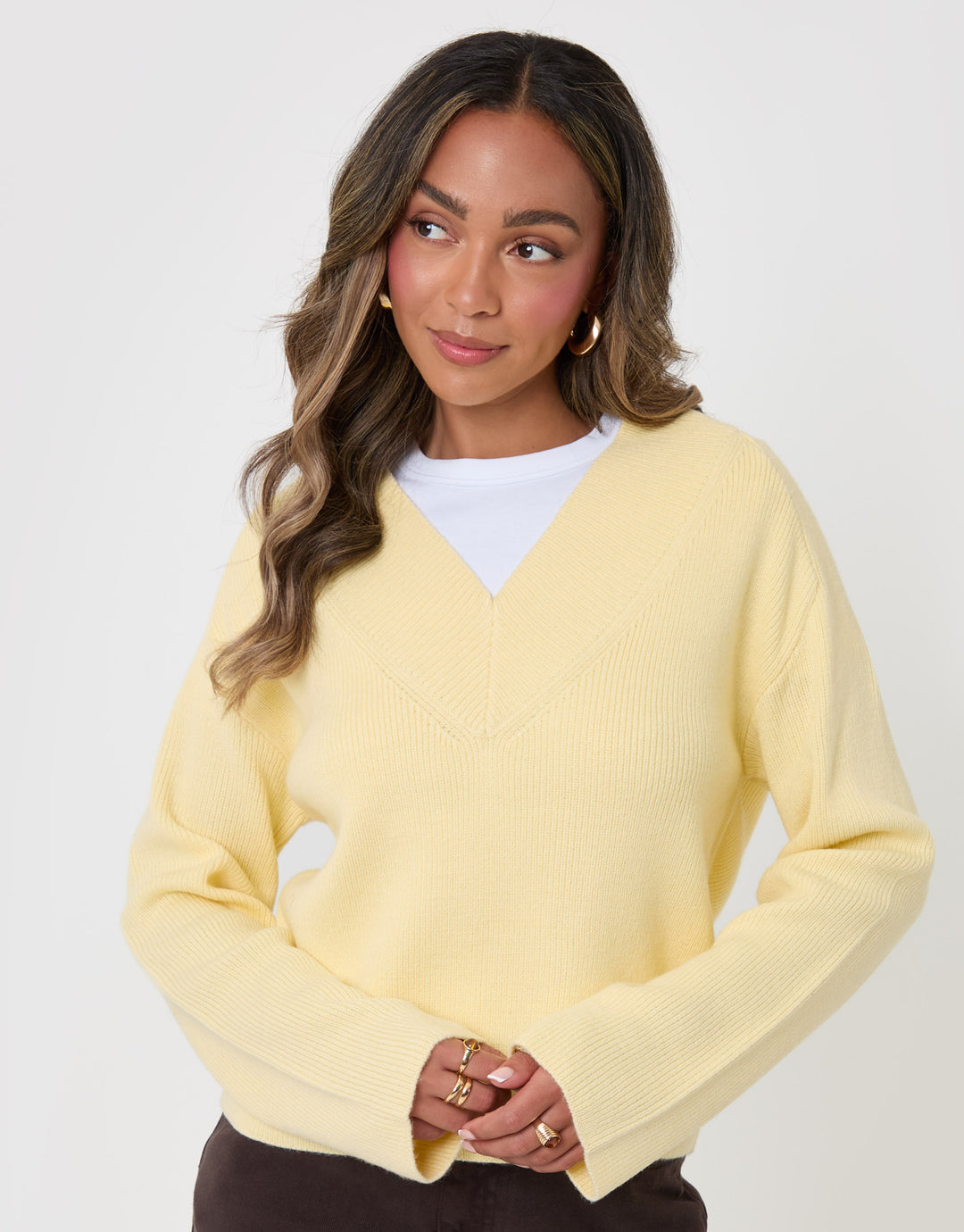 Threadbare Deep Rib V-Neck Jumper in Yellow - front view