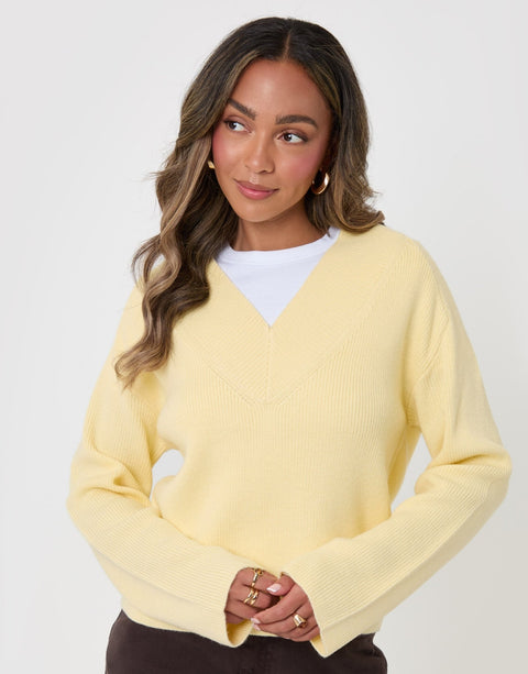 Threadbare Deep Rib V-Neck Jumper in Yellow - front view