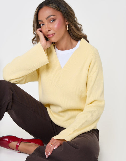 Threadbare Deep Rib V-Neck Jumper in Yellow - sat down