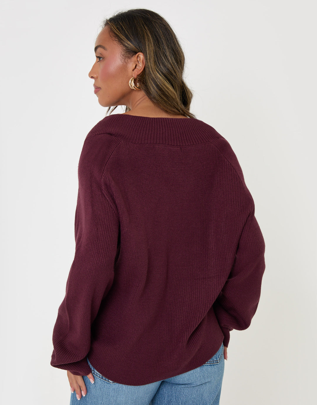The Everyday Deep Rib V-Neck Jumper in Plum