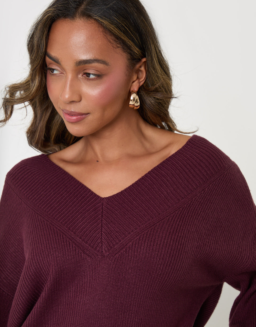 The Everyday Deep Rib V-Neck Jumper in Plum