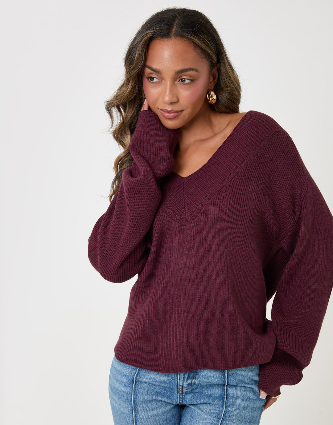The Everyday Deep Rib V-Neck Jumper in Plum