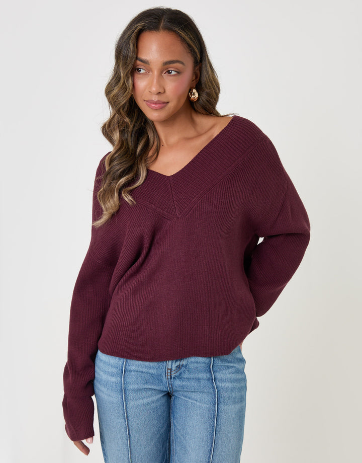The Everyday Deep Rib V-Neck Jumper in Plum