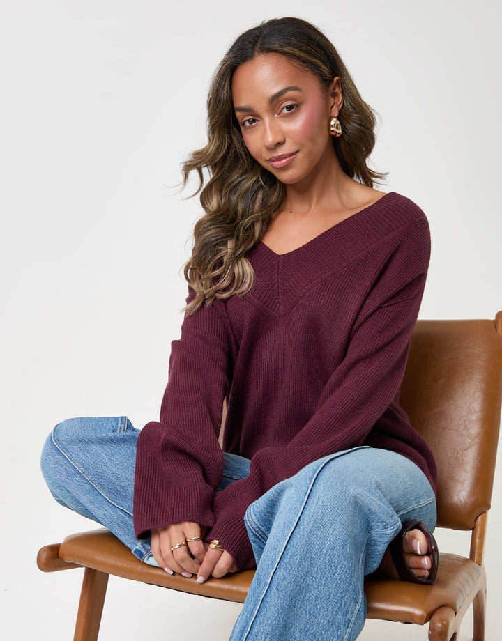 The Everyday Deep Rib V-Neck Jumper in Plum