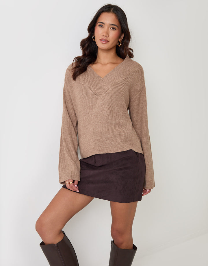 Threadbare Deep Rib V-Neck Jumper in Beige - full view