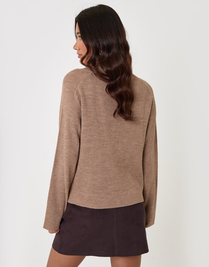 Threadbare Deep Rib V-Neck Jumper in Beige - back view