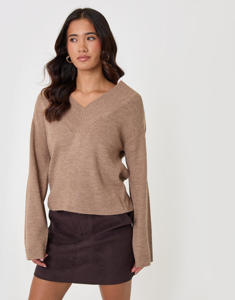 Threadbare Deep Rib V-Neck Jumper in Beige - front view