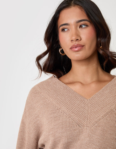 Threadbare Deep Rib V-Neck Jumper in Beige - front detail view