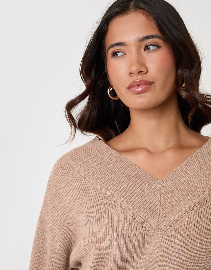 Threadbare Deep Rib V-Neck Jumper in Beige - front detail view