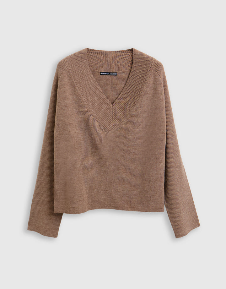 The Everyday Deep Rib V-Neck Jumper in Beige
