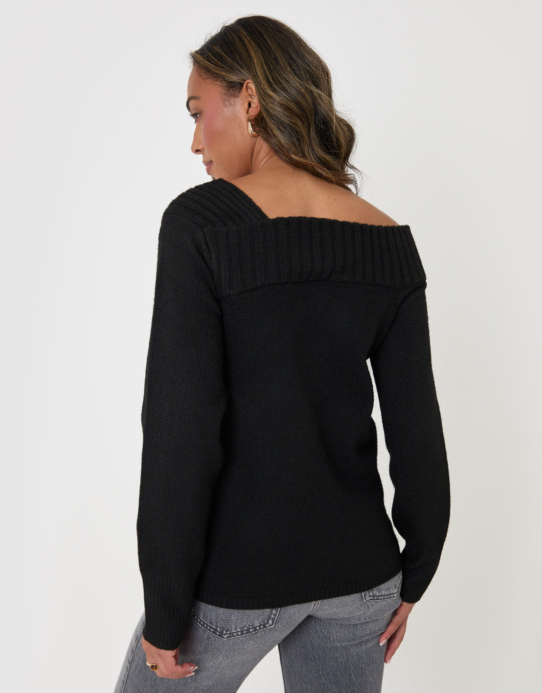 Asymmetric Slash Neck Jumper in Black