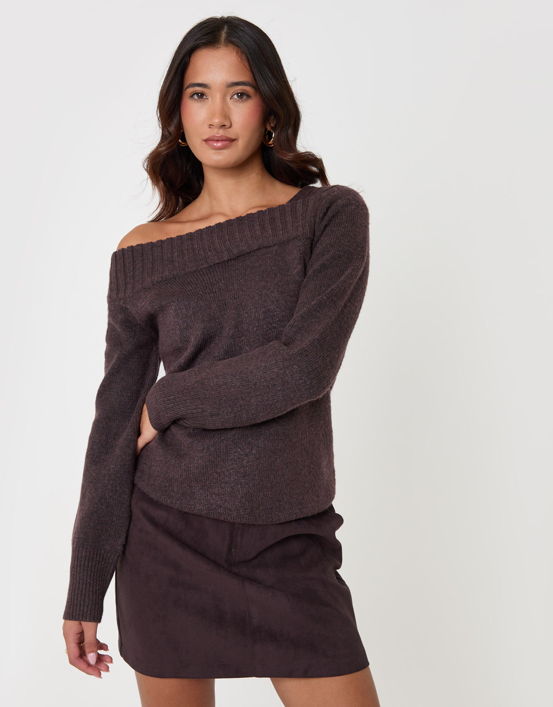 Threadbare Asymmetric Slash Neck Jumper in Chocolate Brown - full body