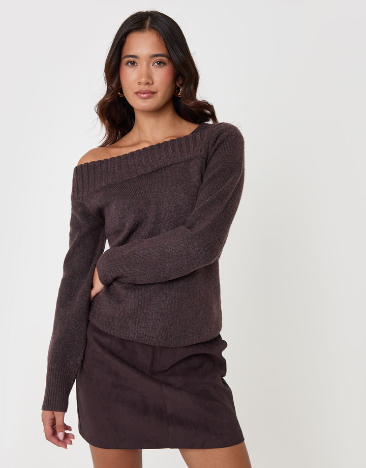 Threadbare Asymmetric Slash Neck Jumper in Chocolate Brown - full body