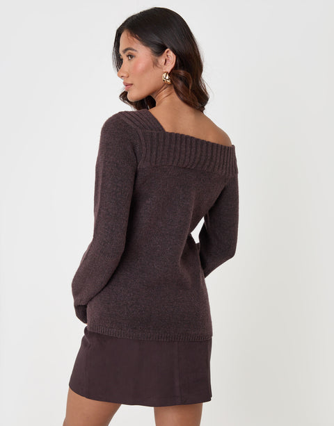 Threadbare Asymmetric Slash Neck Jumper in Chocolate Brown - back view