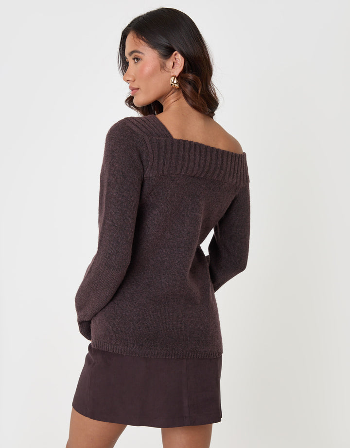 Threadbare Asymmetric Slash Neck Jumper in Chocolate Brown - back view