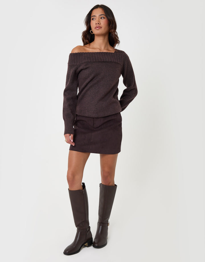 Threadbare Asymmetric Slash Neck Jumper in Chocolate Brown - full body