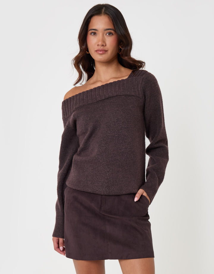 Threadbare Asymmetric Slash Neck Jumper in Chocolate Brown - front view