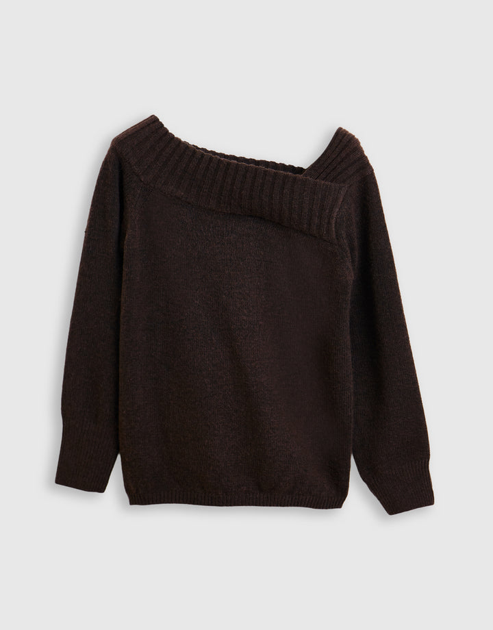 Threadbare Asymmetric Slash Neck Jumper in Chocolate Brown - mannequin image