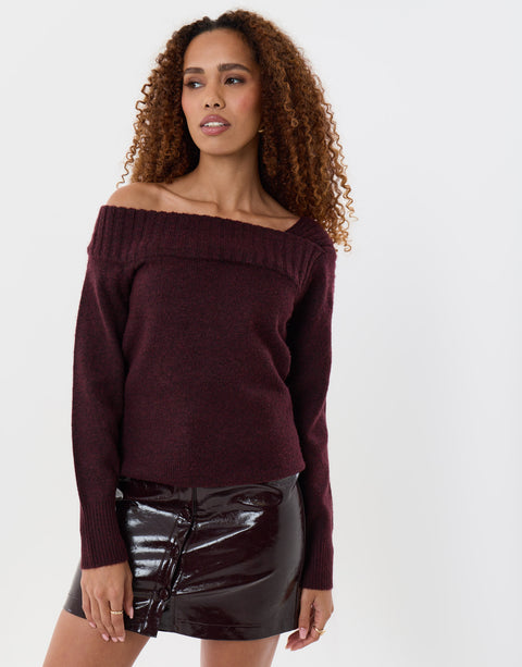 Threadbare Asymmetric Slash Neck Jumper in Plum - front view