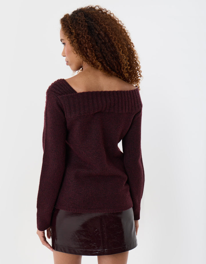 Threadbare Asymmetric Slash Neck Jumper in Plum - back view