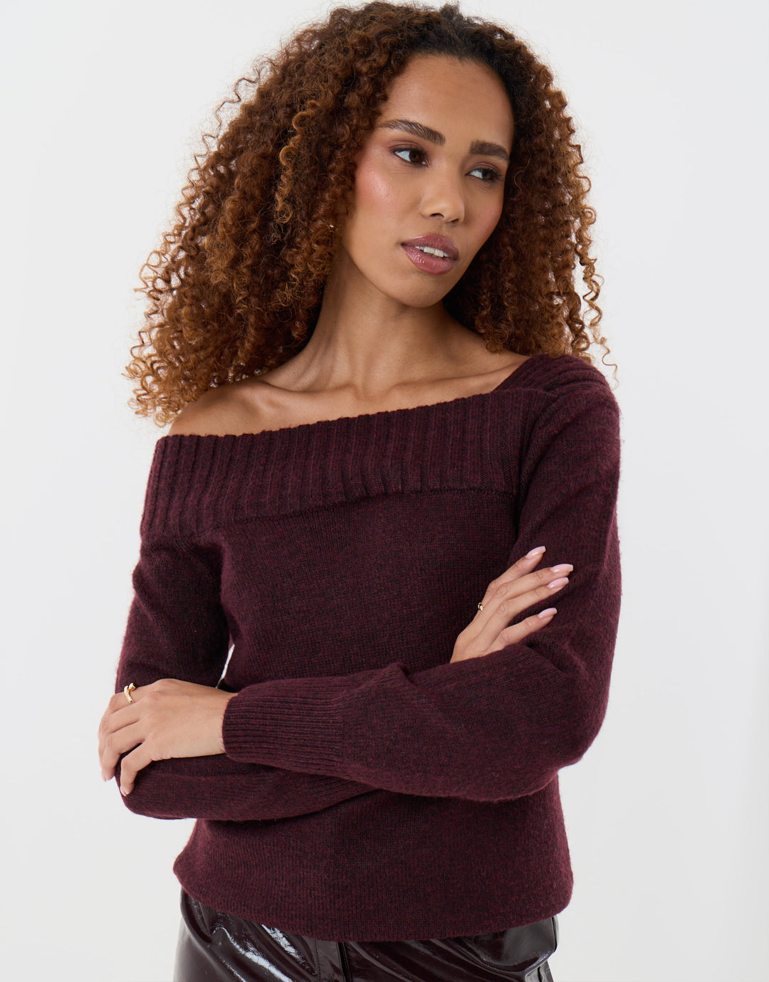 Threadbare Asymmetric Slash Neck Jumper in Plum - full body