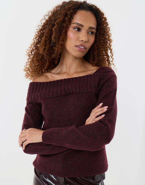 Threadbare Asymmetric Slash Neck Jumper in Plum - full body