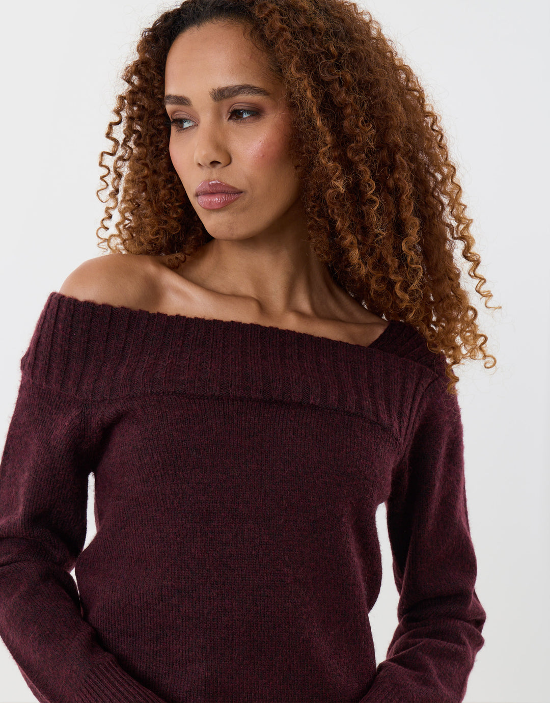 Threadbare Asymmetric Slash Neck Jumper in Plum - detail