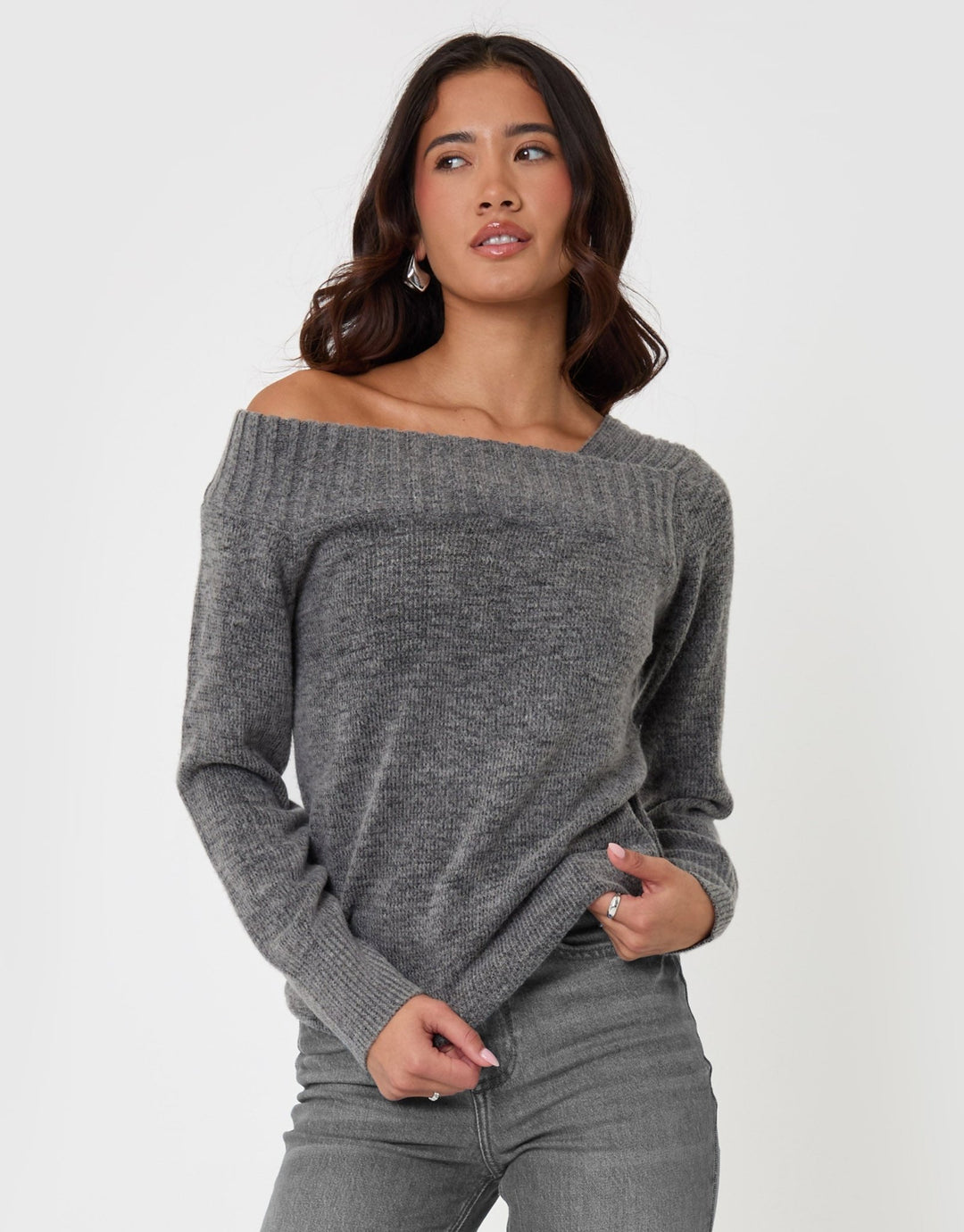 Asymmetric Slash Neck Jumper in Charcoal Grey
