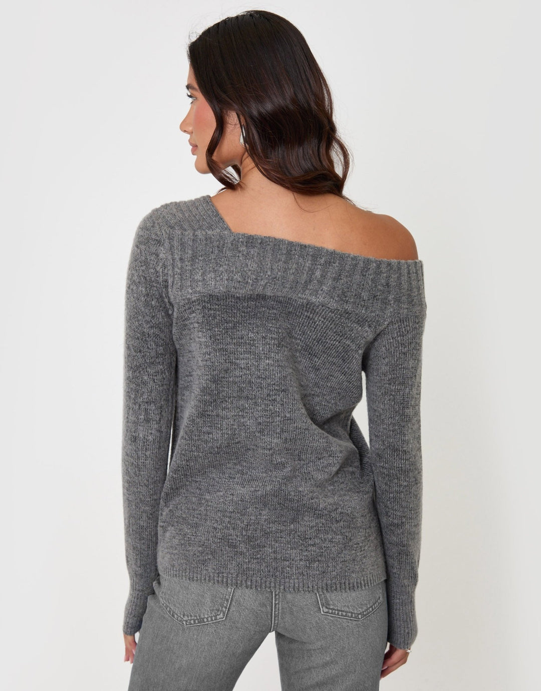 Asymmetric Slash Neck Jumper in Charcoal Grey