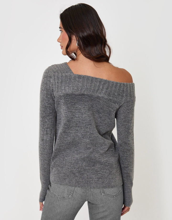 Asymmetric Slash Neck Jumper in Charcoal Grey