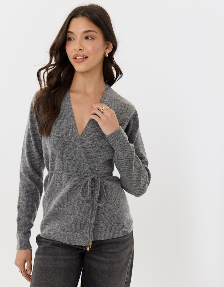 Relaxed Fit Belted Wrap Cardigan in Charcoal Grey