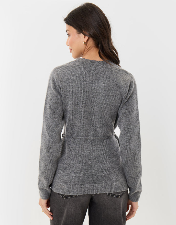 Relaxed Fit Belted Wrap Cardigan in Charcoal Grey