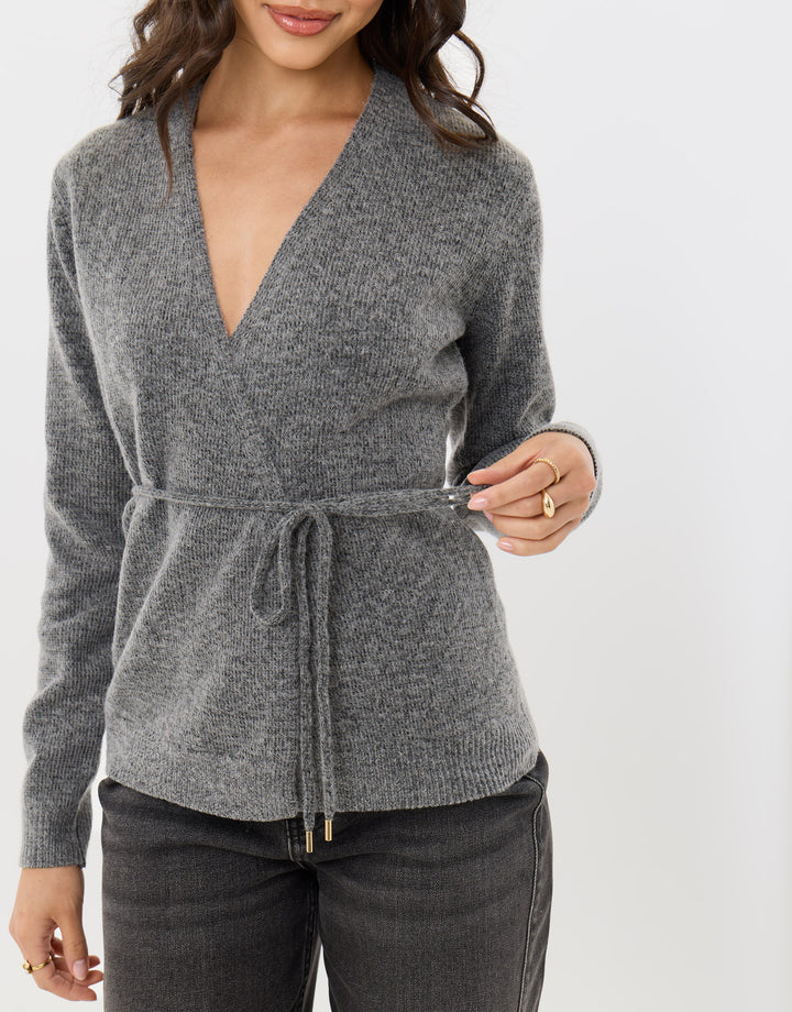 Relaxed Fit Belted Wrap Cardigan in Charcoal Grey